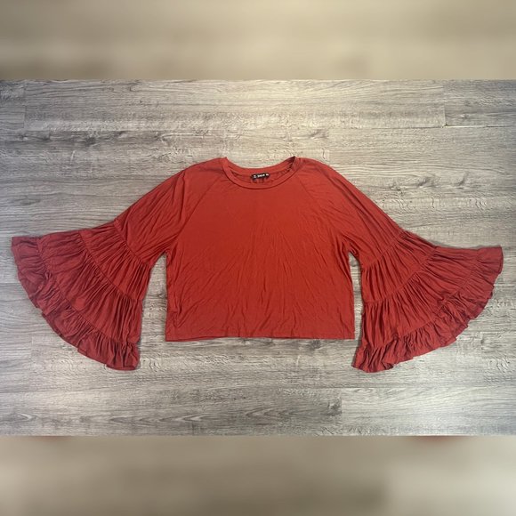 NWOT SheIn Orange Brown Red Rust 70s Boho Flowy Bell Sleeve Crop Blouse Top Sz M - Picture 3 of 9